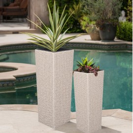 32"H Outdoor Rattan Flower Pots Set of 2,Patio Wicker All-Weather Planter Set,Rattan Plant Pots with Iron Frame for Herb Garden,or Indoor Decor,Large & Small Sizes, No Assembly Required Beige