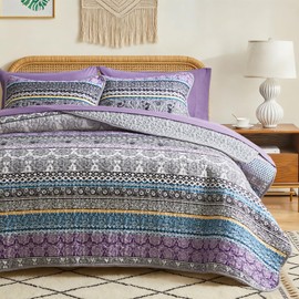 3 Pieces Colorful Boho Quilt Set Full Queen Size, Purple n Grey Bohemian Striped Printed Bedding Bedspread Coverlet Set for Summer, Soft Lightweight Microfiber Quilt with 2 Shams (88x88 inces)