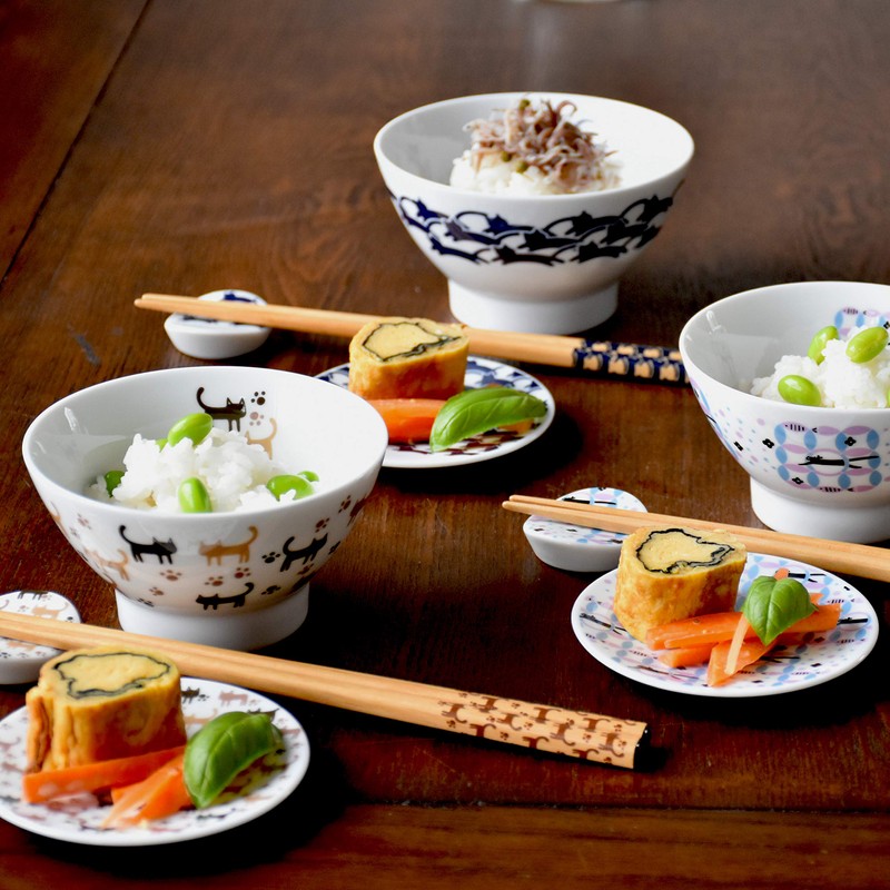 Ceramic Indigo Cat Small Pattern Rice Bowl, Cloisonne Circle Size: