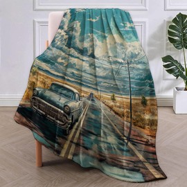 VANZEV Vintage Car Route 66 Blanket, Classic Car and Scenic Highway Flannel Throw Blankets,Soft Warm Lightweight Cozy Plush Throws for Bed Sofa Office Home Decor Gifts for Men Travel Lovers 60"x50"