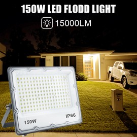 150W LED Flood Lights Plug in, Outdoor Security Lighting Fixtures 3000K 15000LM Warm White Illumination, IP66 Waterproof Projects for Garage, Warehouse, Pathway, Yard（2 Pack ）