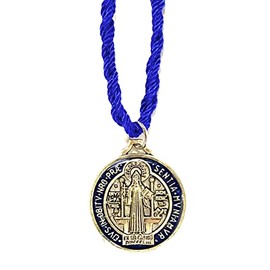 St Benedict Blue Protection Medal with Corded Necklace Medallon Azul San Benito Collar Catholic Roman Cross