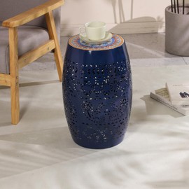 Christopher Knight Home Outdoor Side Table,Lace Cut Iron Side Table,Patio Garden Stool Coffee End Table,Round Hollow Drum Side Table,Metal Decorative Garden Stool for Patio, or Balcony,Blue
