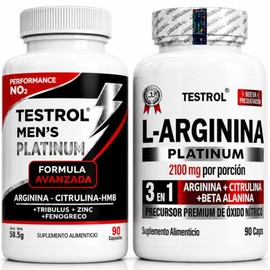 Testrol Combo Platinum 4 en 1 + L-Arginina Platinum 2100 mg por Porción con Citrulina y Beta-Alanina para Pre Entreno, 2 Frascos 90 Cápsulas c/u