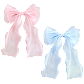 Mabor 2 Pcs Hair Bow Clips for Women Large Pink Blue Bright Silk Long Tail French Hair Ribbon Coquette Bows Accessories for Girls