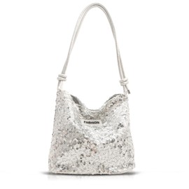 Tote Bag for Women, Sequin Handbag, Adjustable Shoulder Strap, Crossbody Bag for Wedding, Prom, Parties, Travel(White)