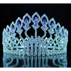 Janefashions Floral Full Crown Clear Red Green Austrian Rhinestone Crystal Silver Gold Metal Tiara Pageant Pageant Prom Large T1406 … (Blue/Silver)