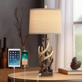HUITICO Rustic Farmhouse Table Lamp for Living Room End Table Deer Antler Lamps with USB Ports 28" Tall Western Lamps for Bedroom Cabin Country Lamps for Nightstand, Single, Bulb Not Included
