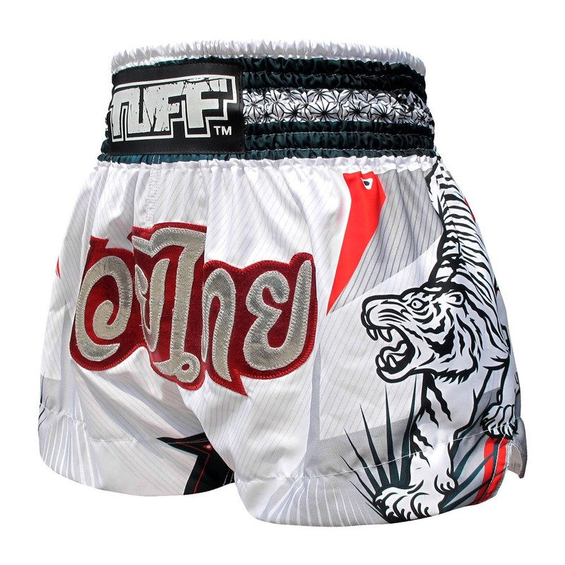 Tuff Muay Thai Boxing Shorts Double Tigers (White, XL)
