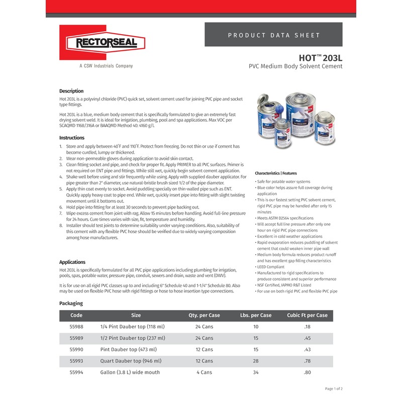 RectorSeal HOT 203L 55993 Quick Set Medium Solvent Cement, Easy