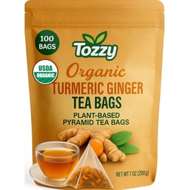 Tozzy Organic Turmeric Ginger Tea - 100 Count | Pyramid Tea Bags (Plant-Based & Eco-conscious) | Pure Ingredients | Packaging May Vary