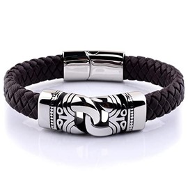 Planetys - Anchor Bracelet Men and Women Black Braided Leather Made of 316L Stainless Steel, Leather