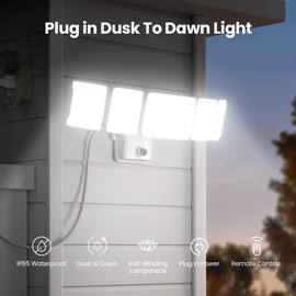 Olafus 120W Plug in Flood Lights Dusk to Dawn LED Outdoor Light with Remote, 5 Adjustable Heads IP65 Waterproof LED Security Light with Photocell for Yard Garden Porch White