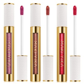 MAKI YIKA MAKI YIKA 3Pc Metallic Lipstick Long Lasting Pink Brown Red Glitter Lipsticks High Shine Lipstick No Smudge No Transfer Liquid Lip Gloss (Pink/Brown/Red)