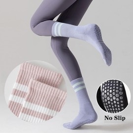 Tergy 8 Pairs Long Yoga Socks with Grip for Women Anti Skid Gripper Socks No Slip Socks for Pilates, Barre, Dance,Yoga (Stripe)