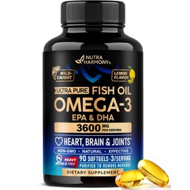 Omega 3 Fish Oil 3600 mg - Omega 3 Supplement | EPA & DHA - Heavy Metals Free - Heart, Brain & Joint Support - Purified Fish Oil for Men & Women - Lab Tested - Lemon Flavored - 90 Softgels