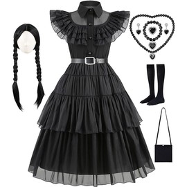 IKALI Girls Role Play Dress-Up Set with Accessories, Black Party Dress Cosplay Outfit for Kids Toddlers 12-14 Years