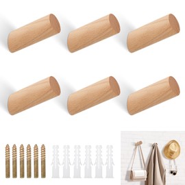 Pack of 6 Wooden Coat Hooks, Natural Wooden Wall Hooks, Round Wooden Coat Hooks, Beech Hooks, 45° Hook Hanger for Hats, Backpacks, Scarves, Clothes