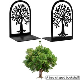 Qualsen Tree Shape Book Ends, 2 Pieces Heavy Duty Metal Bookends Shelves, Anti Scratch Non-Skid Decorative Book Organizer for Home Office Desk, Back to School Supplies (Black，Dense Tree)
