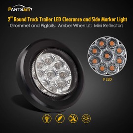 Partsam 10x 2" Round Amber Led Marker Clearance Light 9LED Clear Lens w Reflector Kits Trailer, Grommet/Pigtails, 2 inch round led trailer lights clear, 2 inch round led marker lights