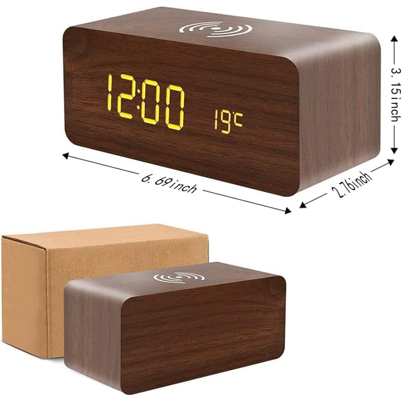 Wooden Digital Alarm Clock with Wireless Charging, 3 Alarms LED