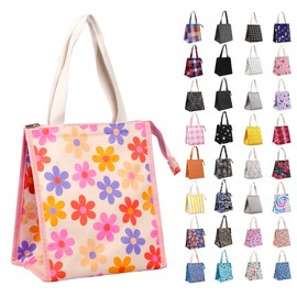 iknoe Insulated Lunch Bag for Women, 9L Sturdy Wide-Open Foldable & Portable Lunch Tote with Interior Pockets, Water-Resistant Thermal Lunch Cooler for Adults Picnic Beach Pink Flower LL