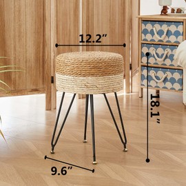 ALeesing Makeup Vanity Stool, Hand Weave Natural Seagrass Footstool Ottoman, Foot Rest Dressing Stool with Metal Leg, Modern Multifunctional Vanity Stools Chair, White