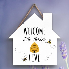 Global Designs Welcome To Our Hive Bee Themed Decorative Wooden House Shaped Hanging Plaque