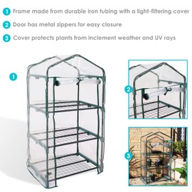 Sunnydaze Outdoor Portable 3-Tier Mini Greenhouse with Roll-up Zippered Door and Steel Wire Shelves - Clear