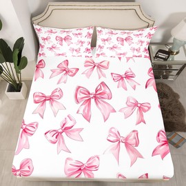 Erosebridal Kawaii Bowknot Girls Bedding Set Dreamy Princess Style Bed Sheets Queen for Kids Teen Women,Girly Cute Bow Sheet Set Pink Bow Tie Bed Sheet Set 4 Piece Bedroom Decor