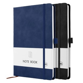 A5 Notebook, 2 Pack Notebook A5 200 Pages 100 GSM Journal Notebook Hardback Notepad with Bookmark, Pen Loop, and Elastic Closure (Black+Blue)