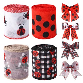 Tinoaly 4 Rolls Ladybug Ribbon, 20 Yards Summer Spring Red Black and White Polka Dot Wired Ribbon for Gift Wrapping DIY Crafts Wreath Bow Making Sewing Floral Arrangements Home Party Decorations