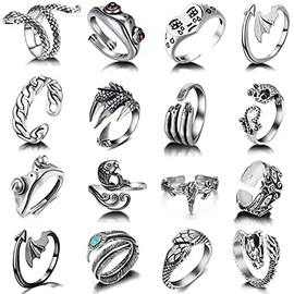 Lopsity 16PCS Vintage Silver Open Gothic Rings Set for Women Men,Adjustable Bulky Knuckle Rings Set Punk Gothic Stackable Rings Frog Snake Skull Smiley Angel Wing Boho (A)