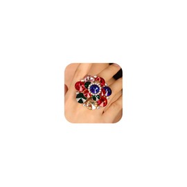 Jumwrit Shiny Crystal Flower Big Round Ring Statement Wrap Finger Ring Adjustable Rhinestone Open Band Prom Party Cocktail Bridal Wedding Accessories Vintage Boho Knuckle Ring for Women (Colorful)