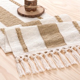 MLMW Farmhouse Small Table Runner 36 Inches for Coffee Table Boho Rustic Home Decor with Tassels Cream Brown Burlap Table Runner for Living Room Dining Room Country Style Table Decor