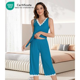 NACHILA Pajamas Set for Women-Viscose Made from Bamboo, Lace V Neck Pj Tank Top Capri Pants Sleeveless Pjs Soft Sleepwear Turquoise X-Large