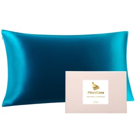 PiccoCasa 22 Momme 100% Silk Pillowcase Hair and Skin Care Cushion Cover Mulberry Silk Pillowcase with Zip and Gift Box, Peacock Blue, 40 x 80 cm