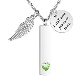 Cremation Jewelry for Ashes with Angel Wing Charm Vertical Bar Urn Necklace Stainless Steel Memorial Keepsake Pendant for Women