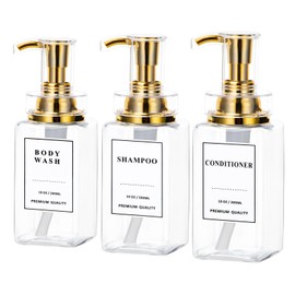 Yeeco Shampoo and Conditioner Dispenser, Clear 3 Pcs Refillable Shampoo and Conditioner Pump Bottles, Empty Shower Bottles with Pump, Labels for Home Bathroom Kitchen, 10oz/300ml,Golden