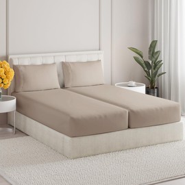 Sleepy Town Split King Size Bed Sheets - 4 Piece - NO Flat Sheet Included - Split King Sheet Set - Soft, Comfy & Cooling - Easy Care - Wrinkle & Fade Free - Brushed Microfiber Bed Sheets (Wheat)