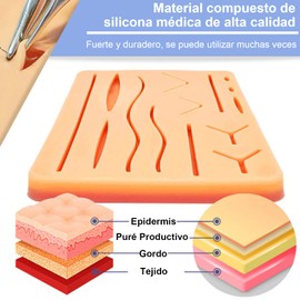 3 Capas Almohadilla de Práctica de Sutura,Almohadilla de Sutura para Estudiantes de Medicina,Alfombrilla de práctica de silicona reutilizable,colchoneta de entrenamiento de cirugía simulada,Modelo cutáneo