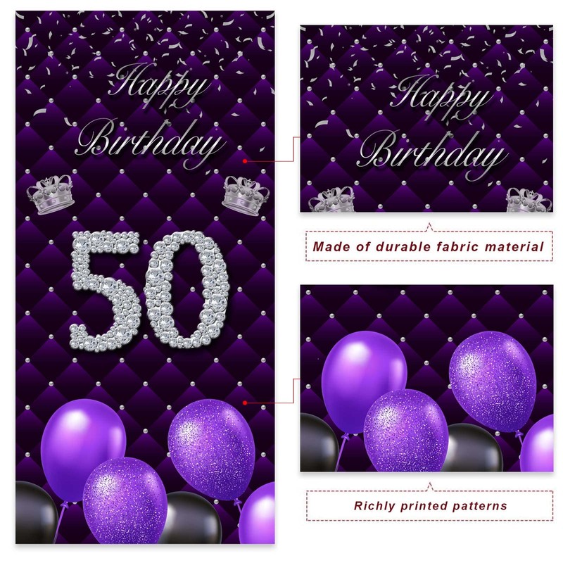 Happy 50th Birthday Purple Banner Backdrop Photo Booth Props Balloons