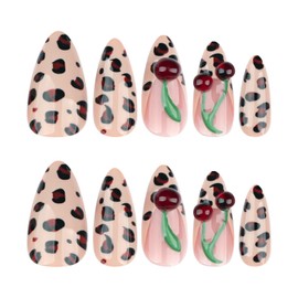 Medium Almond Press on Nails Fake Nails Glossy Glue on Nails Cheetah French Tip Acrylic Nails Stiletto Artificial Nails 3D Cherry Stick on False Nails with Design 24 Pcs (Brown-3, Nails-3)