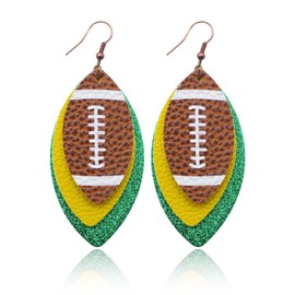 MALOYANVE Layered Football Earrings for Women Unique Lightweight Glitter Faux Leather Footballs Sports Rugby Teardrop Dangle Drop Statement Earrings Sport Lover Jewelry (Green)