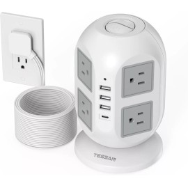 TESSAN Power Strip Tower Surge Protector with 8 Outlet USB C 10/15 FT Extension Cord - 15 FT