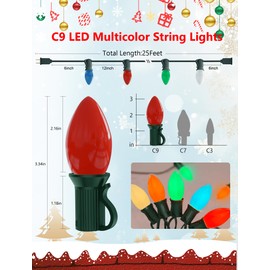 Vintage C9 LED Christmas Lights Outdoor, 25Ft C9 Multicolor Outdoor Christmas String Lights Waterproof with 26 Shatterproof LED Bulbs for Patio Garden Roofline Holiday Party Christmas Tree Decorations