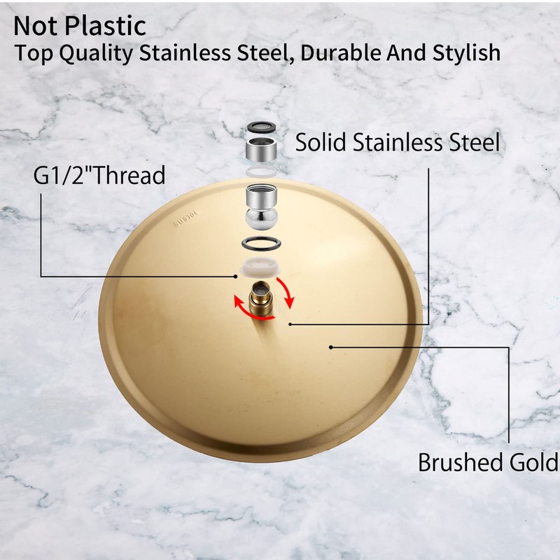 GGStudy High Pressure Round Brushed Gold Shower Head 16 Inches