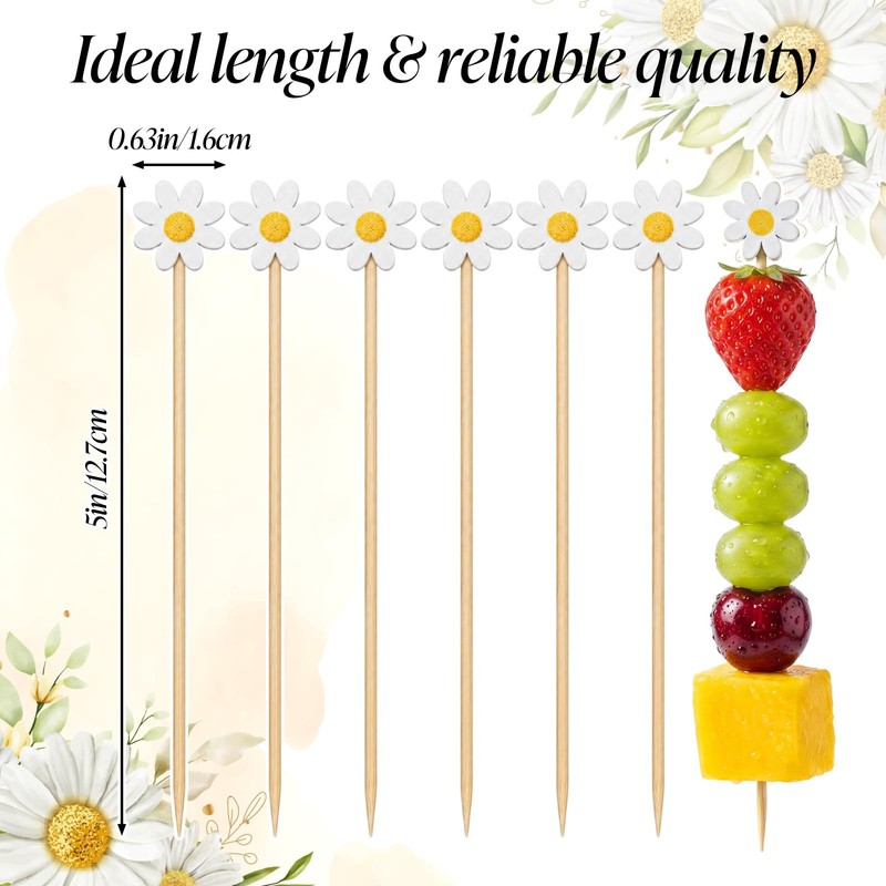 50Pcs Daisy Cocktail Picks 12cm Flower Cocktail Toothpicks Bamboo Daisy