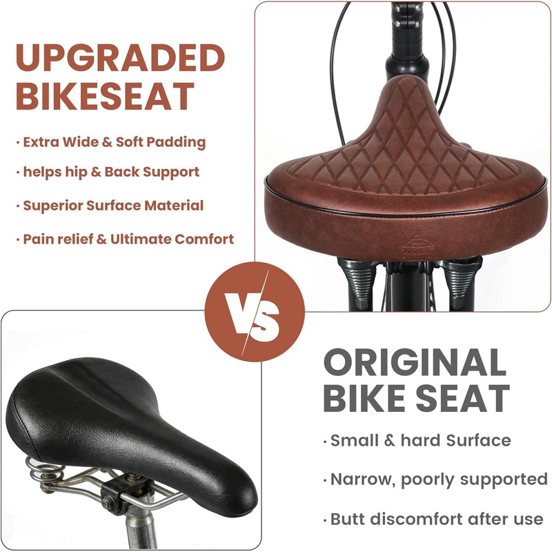 LEWEE Cruiser Brown Bike Seat, Extra Wide Bicycle Saddle Cushion,