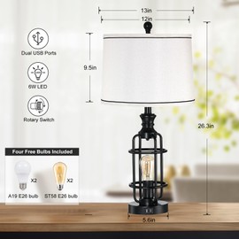 Altgedecor 26.3”Table Lamps Set of 2 with USB Charging Ports,Farmhouse Bedside Nightstand Lamp with Rotary Switch,Rustic Reading Lamps Industrial Desk Lamps for Bedroom Living Room,Bulbs Included